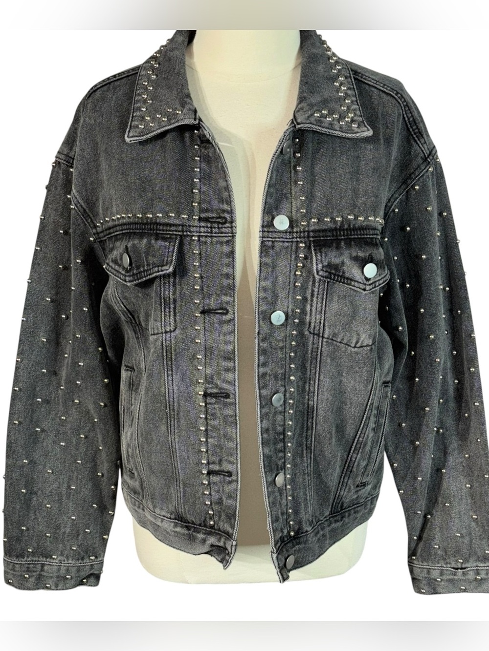 POL Washed Black Studded Oversized Denim Jacket Distressed Size M - Picture 2 of 10